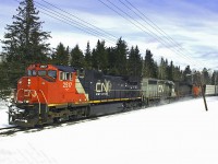 Westbound CN 305 with in the lead CN C44-9WL 2517, SD40-3 5951(GTW), SD40-3 6077(GCFX) and CN GP38-2W 4780 at Lac Baker on the New Brunswick-Quebec boundary March 05, 2005.