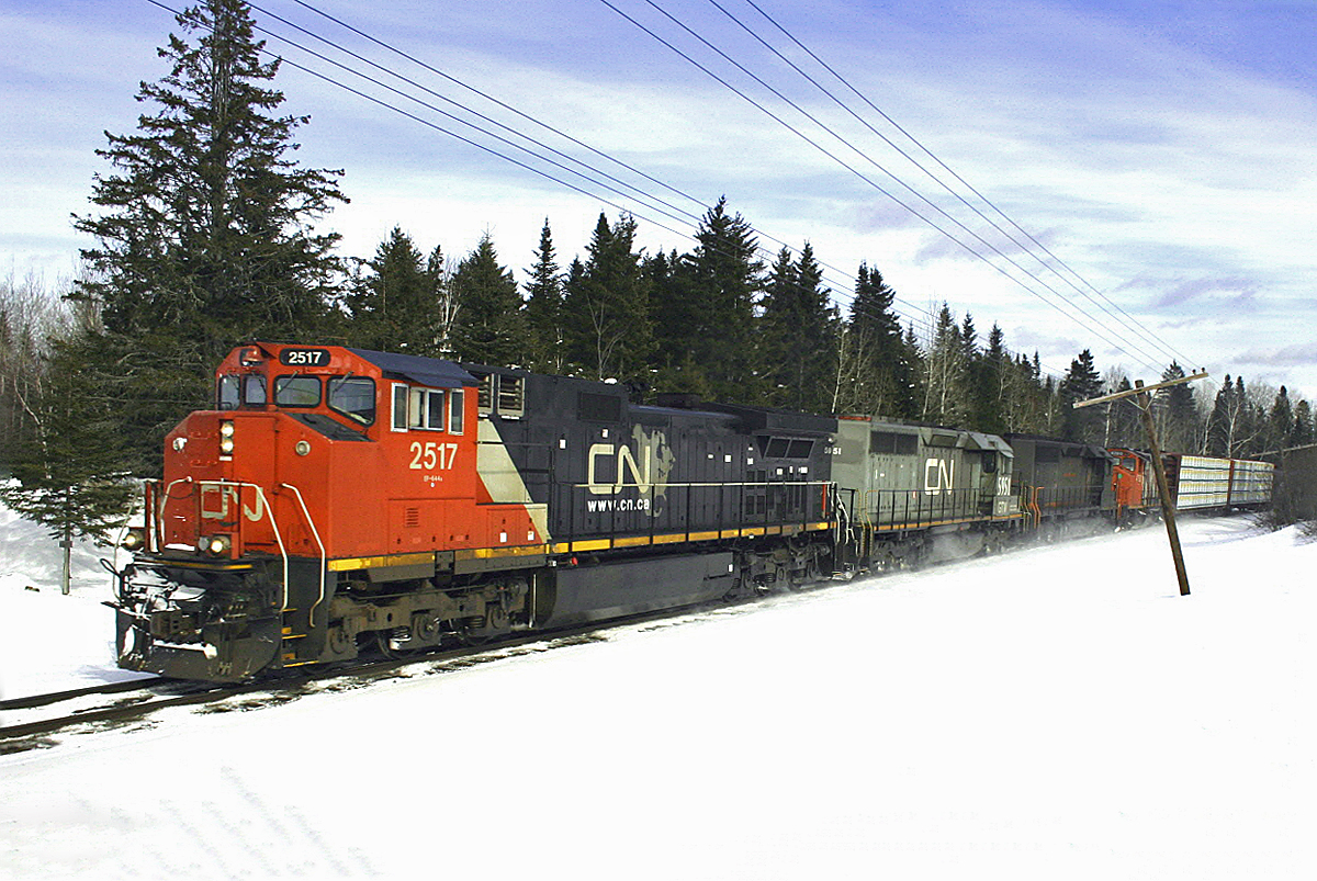 Westbound CN 305 with in the lead CN C44-9WL 2517, SD40-3 5951(GTW), SD40-3 6077(GCFX) and CN GP38-2W 4780 at Lac Baker on the New Brunswick-Quebec boundary March 05, 2005.