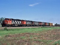 CN GMD GP40-2LW 9591 and four MLW M-420W's with a northbound work train at Belledune, New Brunswick June 13, 1987.