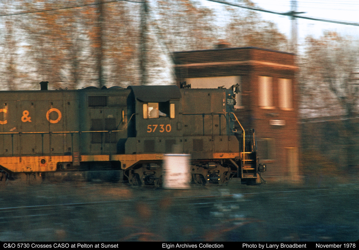 C&O 5730 Highballs past Pelton Tower at sunset  November 1978