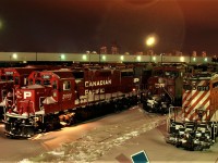 West end trackage power on a snowy February night included GP9u 1516 along with a group of GP38-2's and some AC4400's.