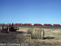 CP Rail GP38-2 3112 leads a quartet of SD40-2s eastbound from Minnedosa with a grain train. Ameer was the first siding east of Minnedosa. 
