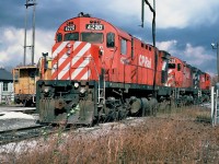 CP Rail MLW C-424 4220, 4206 and 4235 at Montrose yard, Niagara Falls October, 23, 1987.