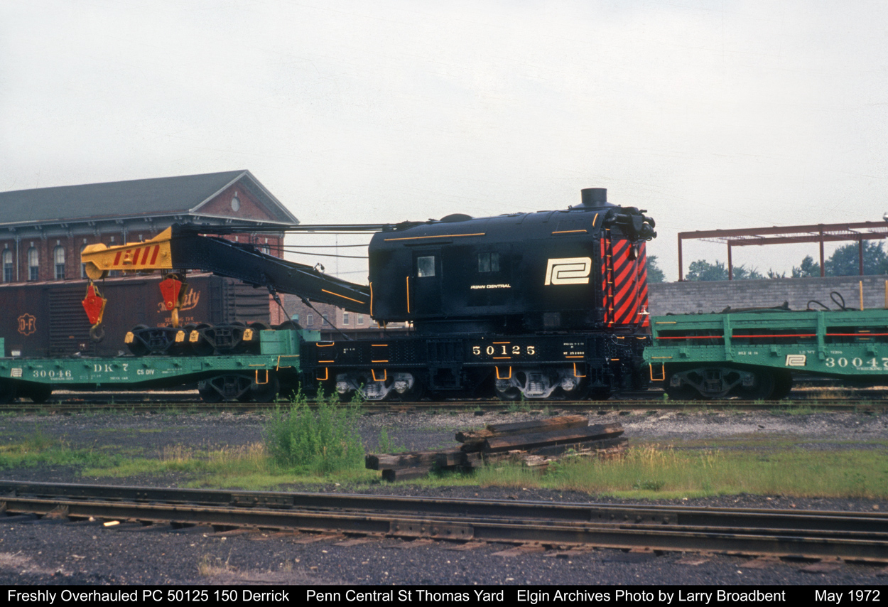 Freshly overhauled in the St Thomas MCRR Shop 150 Ton Derrick PC 50125 waits for its first assignment which will come almost a year from now on April 1973. http://www.railpictures.ca/?attachment_id=27612
