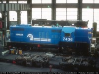 Conrail 7436 was the first Canadian assigned unit to receive Conrail Blue Paint and Decals. Note that the first few Locos painted in Canada received a special Canadian Paint Scheme which included red bell and horns, White wall Tires and Brunswick Green Battery Boxes. After a visit from US Conrail Brass this Custom paint Scheme Disappeared. 