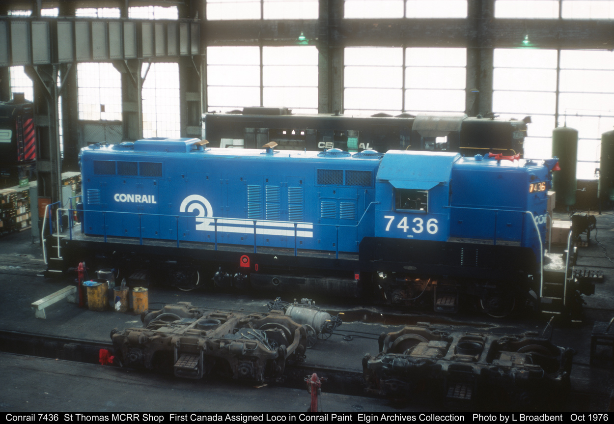 Conrail 7436 was the first Canadian assigned unit to receive Conrail Blue Paint and Decals. Note that the first few Locos painted in Canada received a special Canadian Paint Scheme which included red bell and horns, White wall Tires and Brunswick Green Battery Boxes. After a visit from US Conrail Brass this Custom paint Scheme Disappeared.