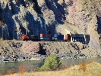 CN 8883 emerges from the Skoonka sheds leading a westbound Intermodal on it's way towards Deltaport on the west coast.