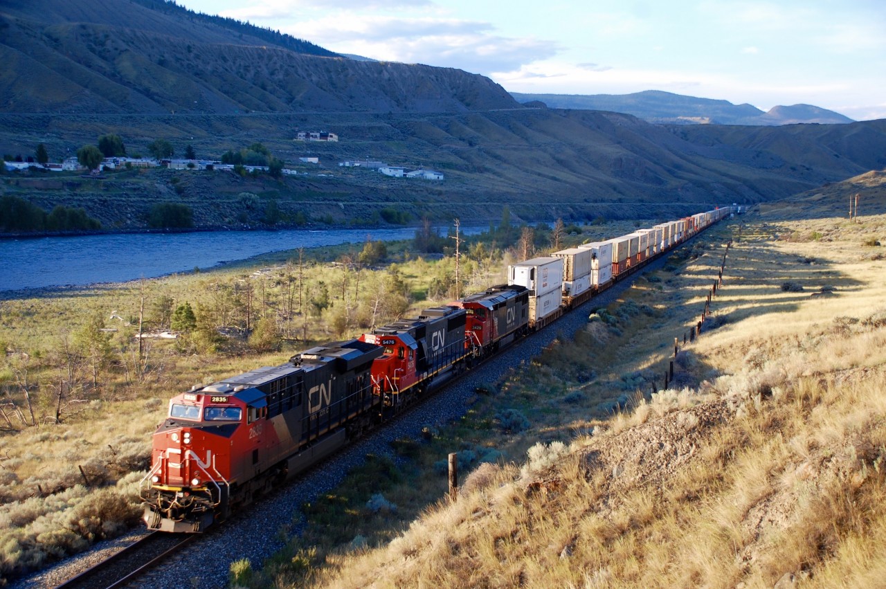 Early morning in Ashcroft as CN nos.2835,5476 & 2429 bring an eastbound Intermodal alongside the 
Thompson River.