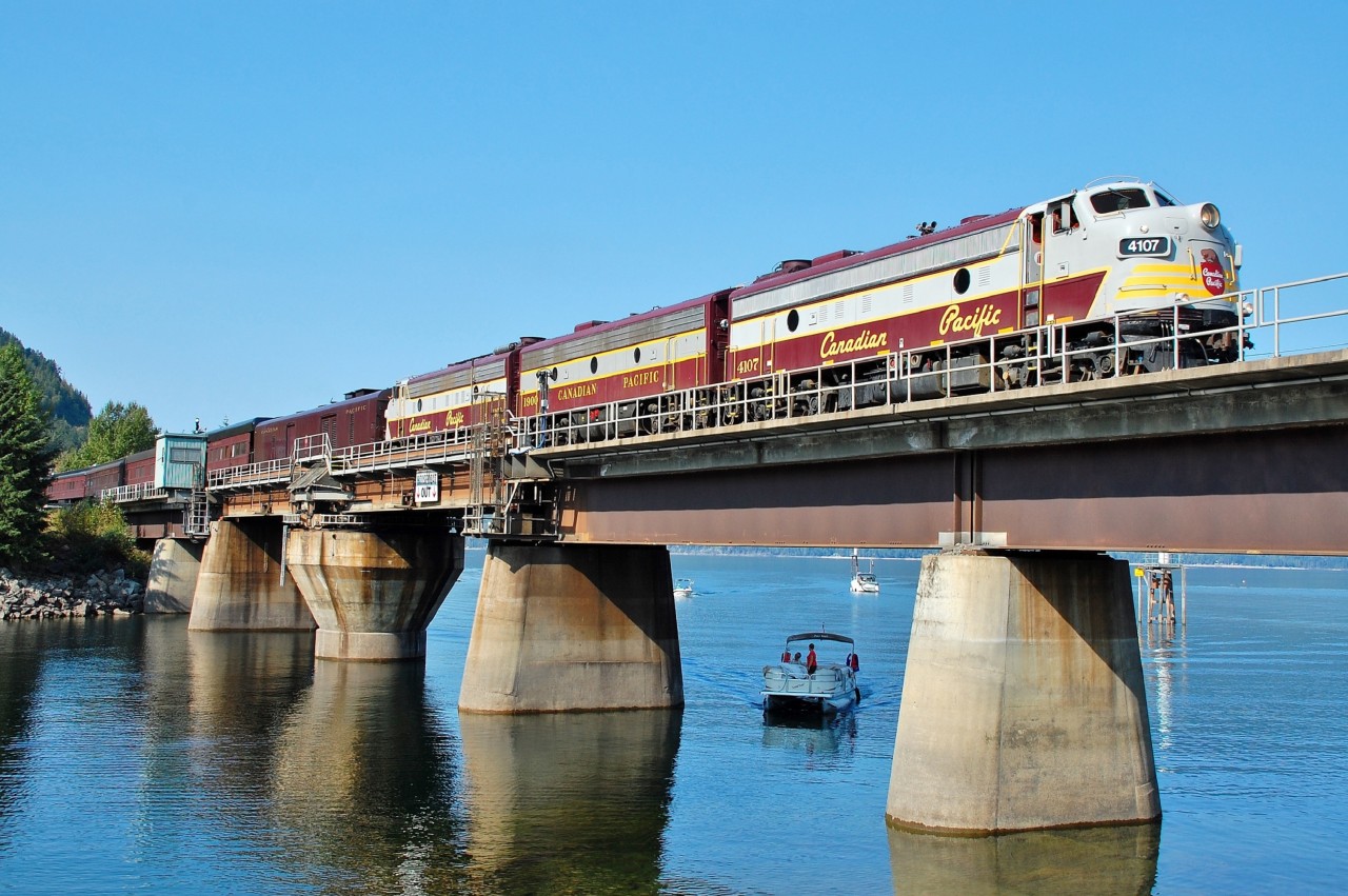 CP 4107 leads the "Royal Canadian Pacific" eastwards across the Sicamous swing bridge. It was following right behind the "Rocky Mountaineer" and so I was pretty pleased to see two passenger trains in this area on such a beautiful afternoon.