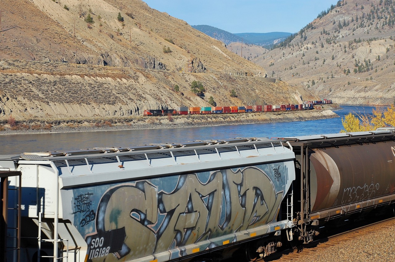 A CN Intermodal is heading west on the north bank of the Thompson River as a load of empty grain cars is heading east.