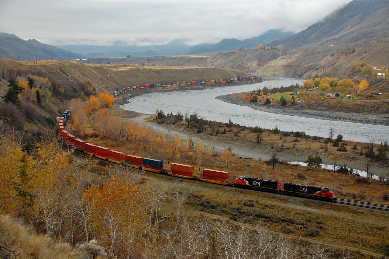 The Thompson Valley provides many scenic spots from which to watch railway activity, but one of my favourite's is Walhachin. This shot depicts IC 1012 leading an eastbound Intermodal through the settlement on a cloudy fall morning.