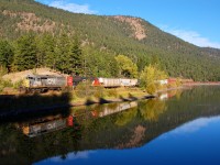 GTW 5946&CN 5474 are in charge of the Okanagan freight as it heads southwards alongside Monte Lake.