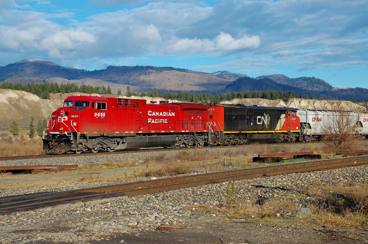 CP 9655 has paused it's train at Geddis in order to pick up CN 2445. The load of grain will proceed westwards to Kamloops where presumably the CN unit returned to CN tracks. The photographer had not seen a CP/CN combination like this before so was pleased to get a shot of the event.