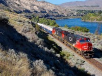 CN nos.2533&2717 are leading a westbound mixed freight out of Ashcroft on a late afternoon in August.