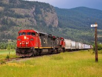 This northbound freight, with CN nos.2452&2561 in charge, pauses just outside Armstrong at Mile73 of the Okanagan sub.