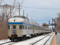 For the third year in a row, VIA Rail has run extra editions of VIA 14/15 (the <i>Ocean</i>) with 100% Budd consists. Here VIA 15 is leaving its final station stop at St-Lambert with Park car <i>Tweedsmuir Park</i> bringing up the rear of a 13-car consist.