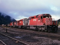 Upon coming across this scene at Field many years ago, I am sure I said to myself "same old stuff" when I viewed this train in the yard with 4 SDs up front. As I look back and then think of what is powering CP out on the system now, I realize how much I miss these old engines. Attractive, really. It is just that there were so many of them..........In this photo you can see the corner of the station at Field at the extreme right, you can see the never-ending low cloud and fog that I take with me on my western travels, and you can see CP 5659, 5567, 5695 and 5729 all ready to be taken eastward. It mystifies me where you western guys find all that sunshine.