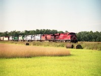 I knew the late day sun angle would be a real problem, as it always seems to be the way traffic flowed on the Hamilton Sub between Vinemount and Welland. However, this train had quite the power and I had to try and make the best of it. CP 8750, 9580, GCFX 3095, 3102, 3064, Green Goat 2405 (actually green!!) and GCFX 3098 was the head end power on this #426. I elected this location as good as any, the sooner the shot the better. Shadows at Vinemount, so that was out. Hysert Rd is a "impassible when wet" unimproved dirt road for most of its' length.  But perfect for this eve.