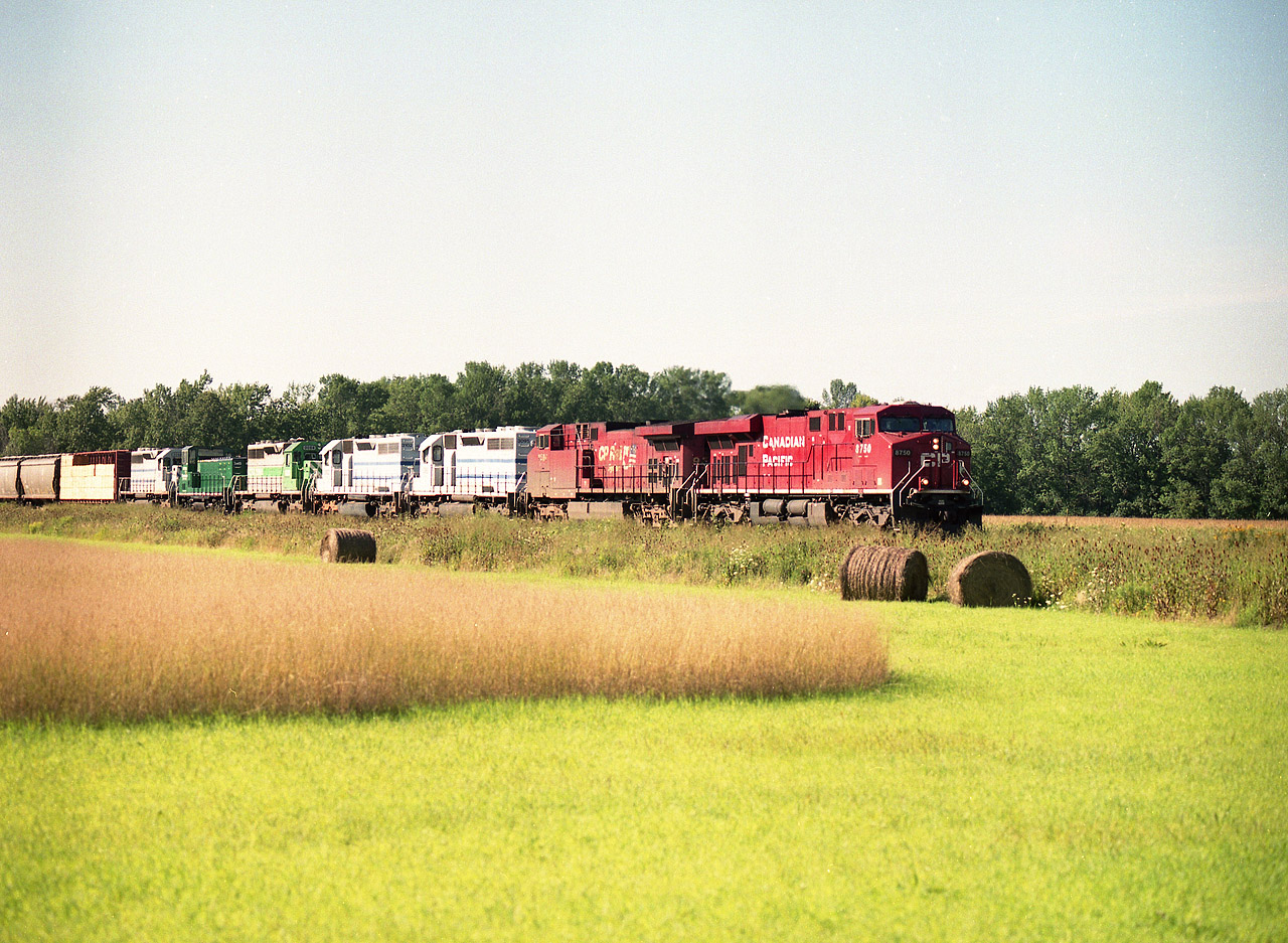 I knew the late day sun angle would be a real problem, as it always seems to be the way traffic flowed on the Hamilton Sub between Vinemount and Welland. However, this train had quite the power and I had to try and make the best of it. CP 8750, 9580, GCFX 3095, 3102, 3064, Green Goat 2405 (actually green!!) and GCFX 3098 was the head end power on this #426. I elected this location as good as any, the sooner the shot the better. Shadows at Vinemount, so that was out. Hysert Rd is a "impassible when wet" unimproved dirt road for most of its' length.  But perfect for this eve.