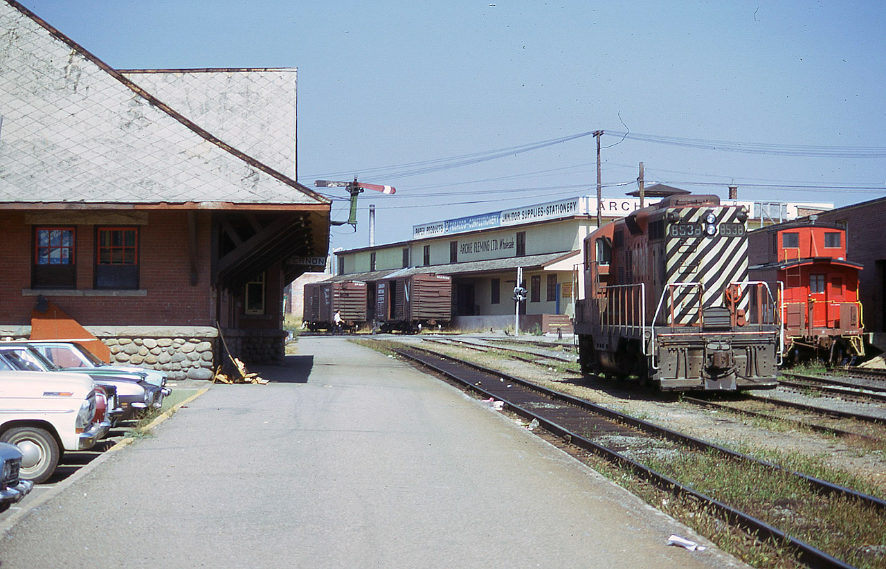 This is just a small town scene from long ago; the CP station in Kelowna, local switcher CP 8538 and a most interesting old caboose. Back during this area CP and CN shared assets on this line between here and Vernon. Kelowna was the southern terminus of this line which connected with the CP transcon at Sicamous. Fast forward a number of years and it becomes the Kelowna Pacific operating over the Okanagan Valley RR. Fast forward to present, and there is nothing at Kelowna. Track lifted after OKAN went bankrupt. So rail 'action' at Kelowna is no longer. I would appreciate someone in the know with updates; even my placing of the station in town is difficult recollection.