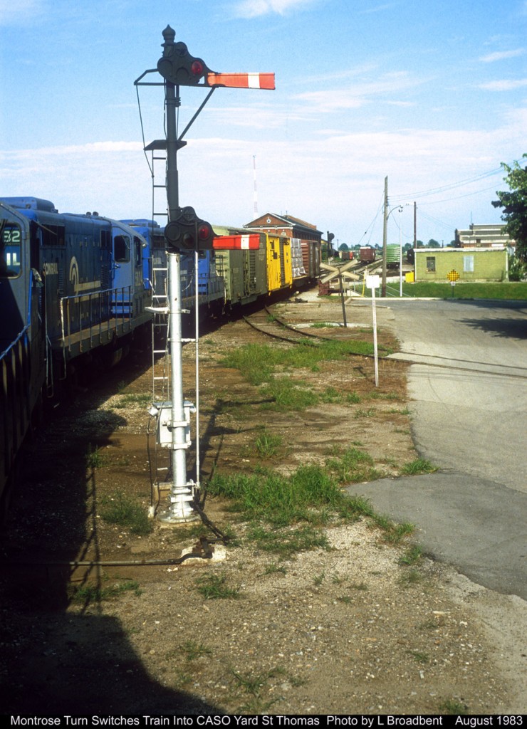 The Montrose Turn switches it's train into the yard passing a BX Tower Controlled Semaphore Signal which protects the East leg of the wye used by Chessie Trains when entering the CASO Yard.