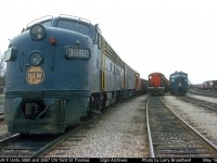  Four N&W F7a's (3660 3667) and a CN GP9 4590 await their next assignments CN Yard St Thomas May 1976 