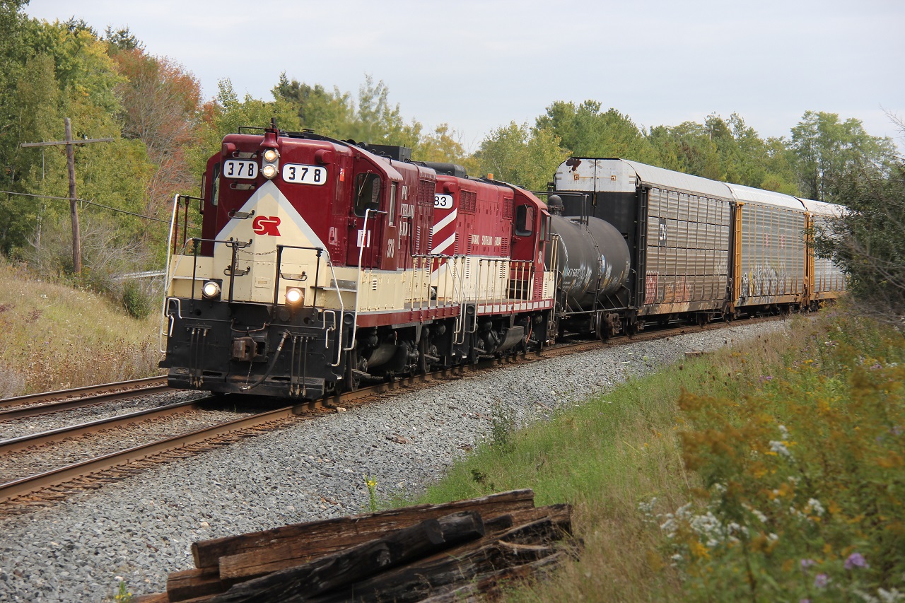OSRX 378 and 383 head back west on the CP Galt Sub to begin their journey on the St. Thomas Sub and points west. The shot was taken early in the autumn of 2015.