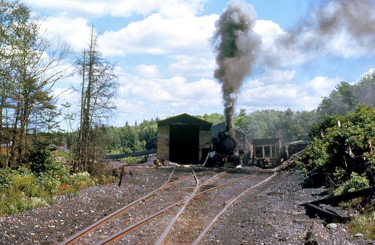 Old Sydney Collieries 2-6-0 17 works the industrial trackage at one of their mines in the Sydney Mines area of Nova Scotia, in early August 1961. The engineer, doing double duty as the fireman, had just shoveled a lot of Cape Breton coal into her, before a cut of 4 hoppers (and the photographer) to the Sydney & Louisburg interchange, and thence on to Glace Bay. An alternate view posted before shows a closer view of 17 working the same mine: http://www.railpictures.ca/?attachment_id=27056

(Original photographer George Schaller, duplicate slide from the collection of Bill Thomson and posted on behalf of and with Mr. Schaller's full participation).
