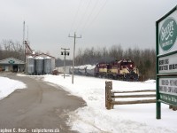 OSR's Job 2 heads north at Sharpe Feeds in Moffat with classic MLW power and 13 cars. When this photo was taken Job 1 was working Guelph and ran north a few hours earlier with just over 20 cars. Busy times on the Guelph Junction Railway.