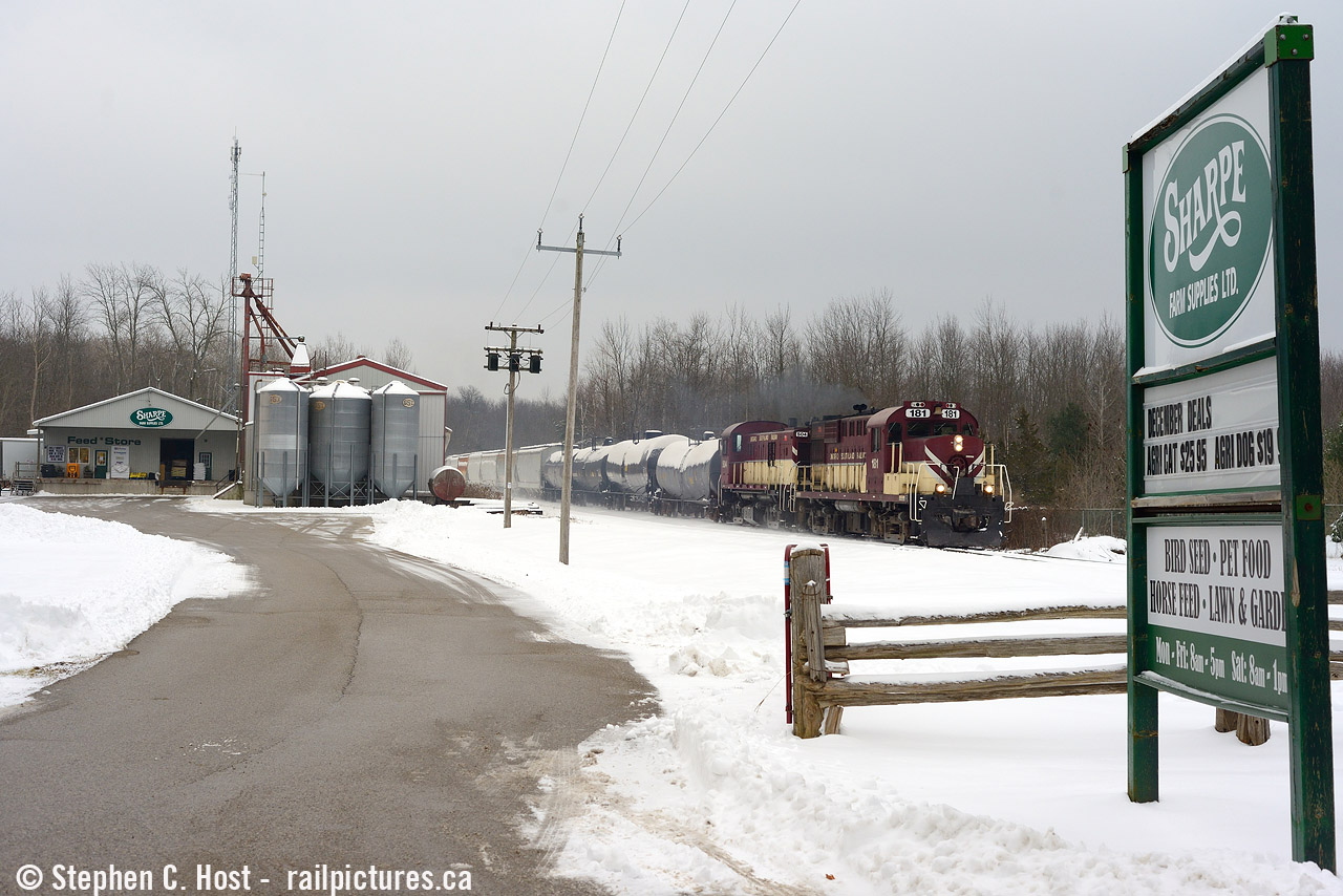OSR's Job 2 heads north at Sharpe Feeds in Moffat with classic MLW power and 13 cars. When this photo was taken Job 1 was working Guelph and ran north a few hours earlier with just over 20 cars. Busy times on the Guelph Junction Railway.