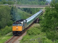 VIA Rail GMD F40PH-2 No.6448 and 6454 leads train 14 The Ocean, leaving Bathurst, N.B. July 06, 2010.