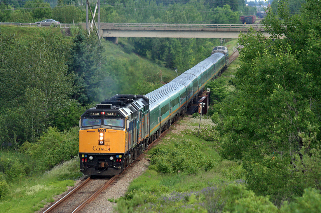 VIA Rail GMD F40PH-2 No.6448 and 6454 leads train 14 The Ocean, leaving Bathurst, N.B. July 06, 2010.