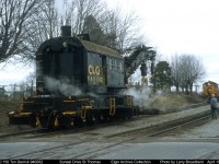 C&O 150 Ton Crane 940002 heads back to Shop on Wilson Ave St Thomas under its own Steam Power after rerailing Locomotive at East end of Kettle Creek Bridge. April 1983