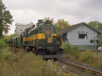 York-Durham Heritage Railway RS-3 #1310 is seen as tail end unit on a special Unionville Fall Fair train, part of the town Festival that draws large crowds from all over. This former CN trackage is now under ownership of GO Transit. The 1310 once toiled on the ONR and then the x-Abitibi at Iroquois Falls, and now enjoys semi-retirement on the relatively quiet YDRC, based out of Uxbridge.