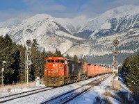 CN C40-8M 2430 and CN C40-8 2001 bring M347's 85 empty centrebeams up to the north track at English and into Jasper for a crew change.