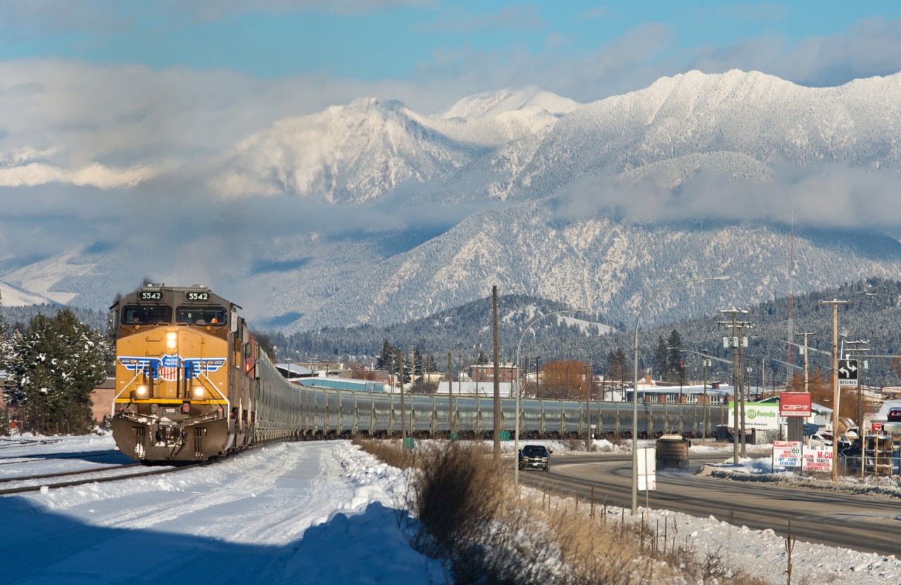 UP 5542 west completes a beautiful winter scene at the west end of Cranbrook BC.