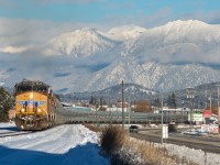 UP 5542 west completes a beautiful winter scene at the west end of Cranbrook BC. 