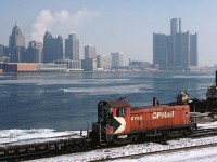 CP SW8 works the ferry slip in Windsor along the icy Detroit River on March 5, 1978.  