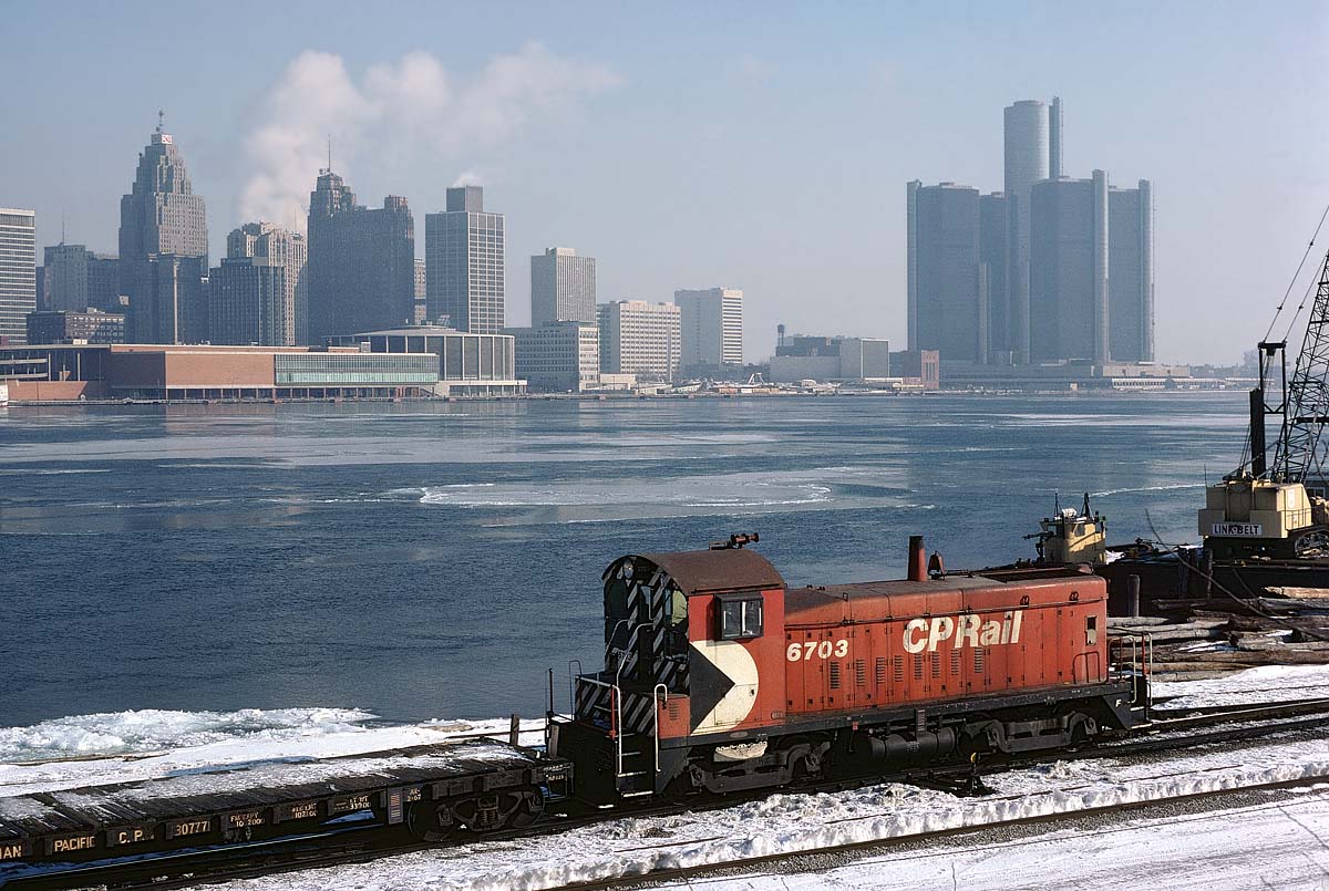CP SW8 works the ferry slip in Windsor along the icy Detroit River on March 5, 1978.