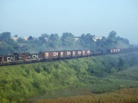 Morning fog is just burning off in the Don Valley as 2 SW1200RS's lead a local freight under Lawrence Ave. We were there waiting for the ONR train coming in and got a pleasant surprise when this freight rolled through first.