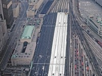 Toronto Union Station as it looked from the CN Tower in December 1978. I need to make a trip to see just how shocking the difference is now.  The nose of the westbound Canadian is poking out of the train shed on the 2nd track from the right.