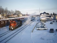 On a frigid January 3rd, 1981 afternoon, CN 4016 leading a VIA westbound making a station stop at Woodstock, ON