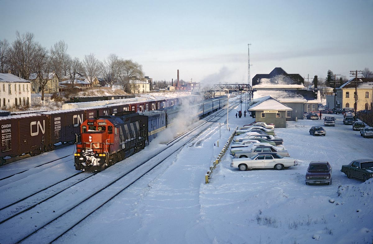 On a frigid January 3rd, 1981 afternoon, CN 4016 leading a VIA westbound making a station stop at Woodstock, ON