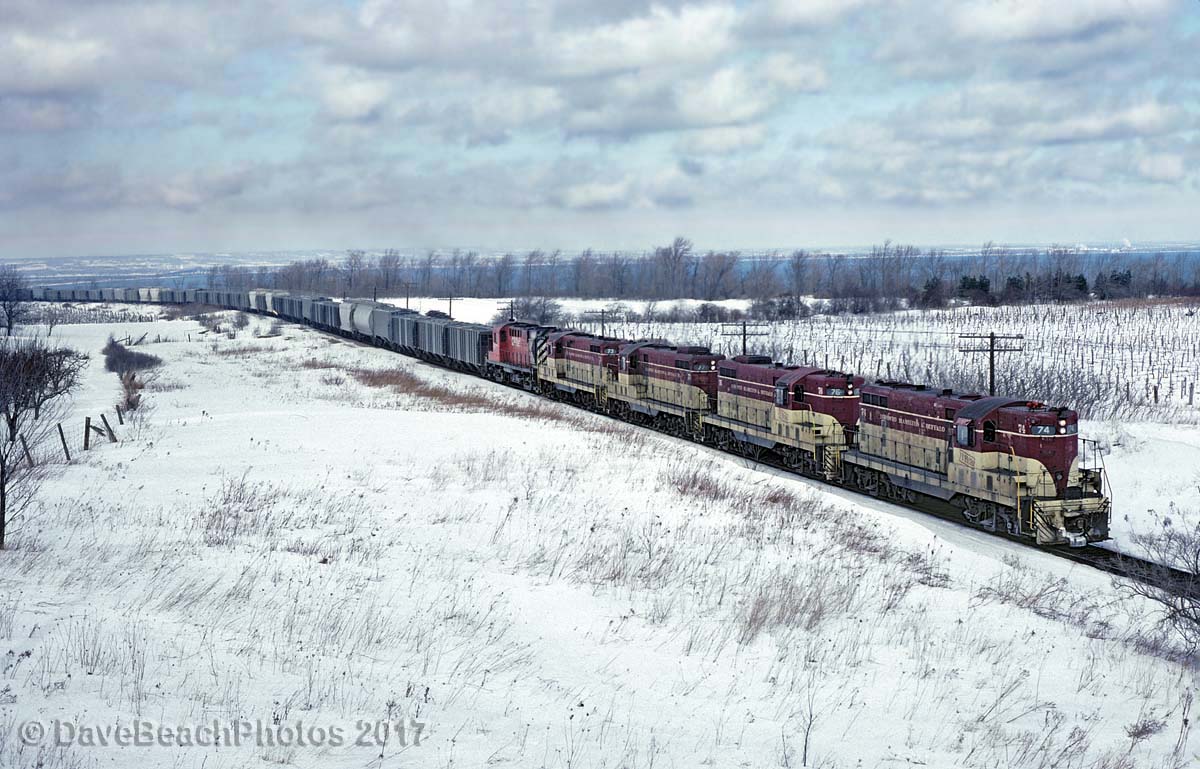 4 TH&B GP-7's with a CP MLW tucked in behind working hard on the final leg of the climb up the Escarpment on February 28, 1982.  Thanks to other posts in the database I've learned that this was a unit rock train for a fertilizer plant in Port Maitland.  We were counting on the clear skies that were forecast when we left Cleveland in the middle of the night but we saw quite a show in spite of the mid day clouds that caught up with us here at Vinemount.