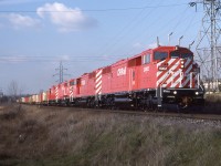Four brand new CP SD40-2F "Red Barns" 9002-9003-9004-9005 hustle "Make-Up 508" through Whitby, Ont