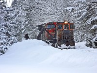 CN ran a Jordan Spreader up the Newmarket Sub from Washago to Huntsville today, first time I've seen one in these parts since about 30 years ago when they used to keep one parked at Martins or in Huntsville Yard to use in the area. There wasn't much for it to do on this part of its run except push back banks a bit more as they were on the heels of a ballast regulator from at least Falkenburg, but it was reported they encountered more snow than expected down south of Bracebridge from the dumping of the other day, so I'm assuming they had to do all the work from Washago to Falkenburg. Thanks to Scott and his wife for letting us use his back yard for this shot!