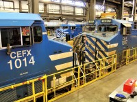 CEFX AC4400's 1007 & 1014 in for their end of lease inspections while #1026 awaits new parts. The 1026 was built to CP specs and has nose number boards and a front door window while the 1007 & 1014 were built to UP specs and have high number boards and a windowless front door.