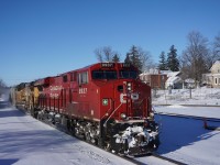 On a cold Sunday morning CP Train 646 rolls through Cambridge with a Union Pacific unit trailing.