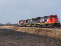 After working in Sarnia for a few hours earlier in the day, 509 heads back East towards London with a great trio on the point.

CN 2124, IC 1010, CN 2503 

1230hrs