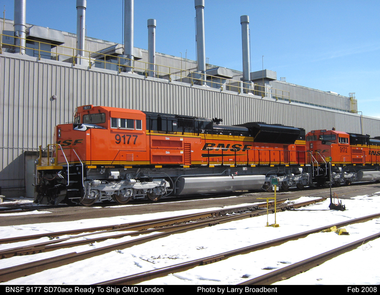BNSF SD70ace 9177 & 9172 Wait to be picked up by GEXRR at GM Diesel London  February 2008
